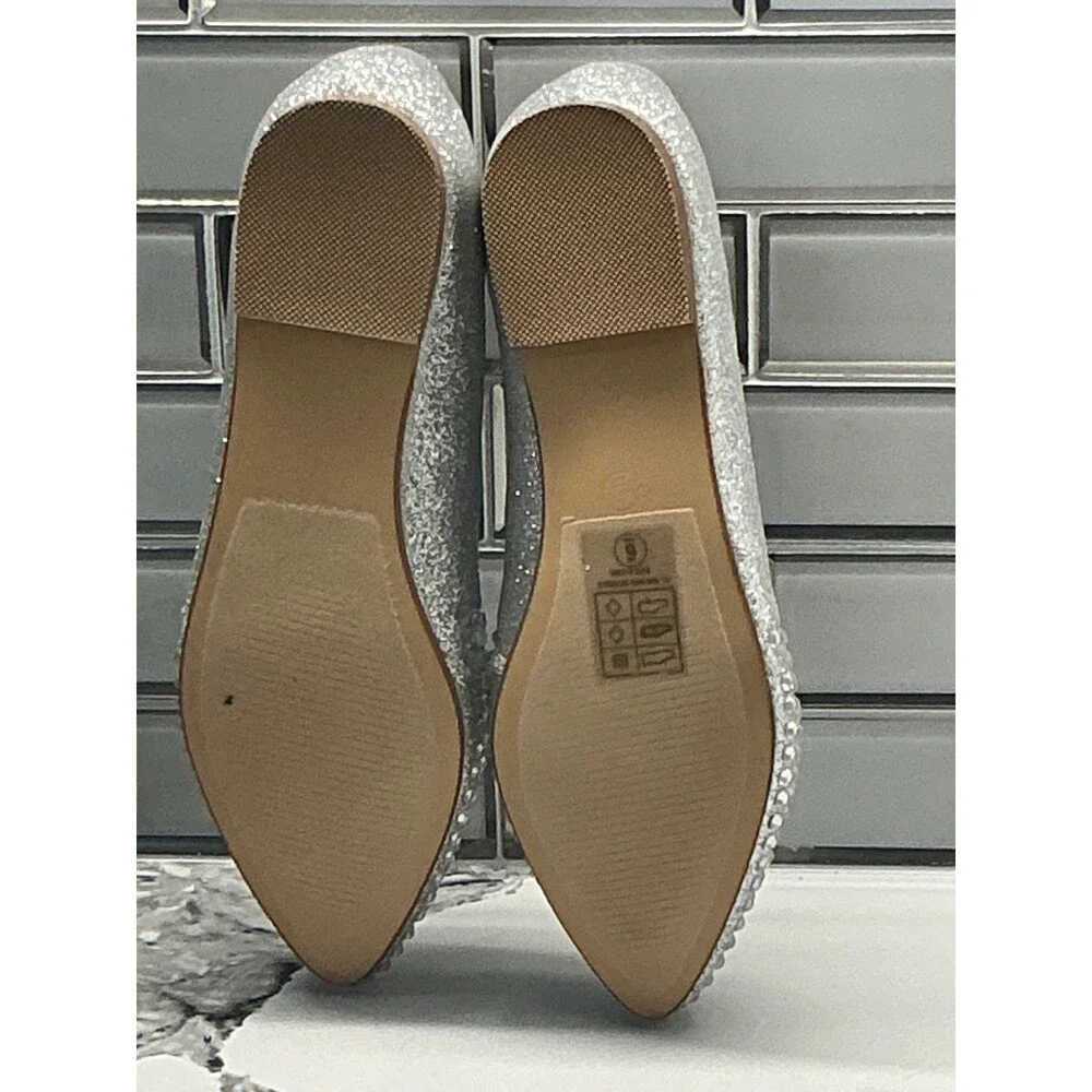 Lauren Lorraine Kelsey Silver Glitter Rhinestone Pointed Toe‎ Flats Shoes Size 9
